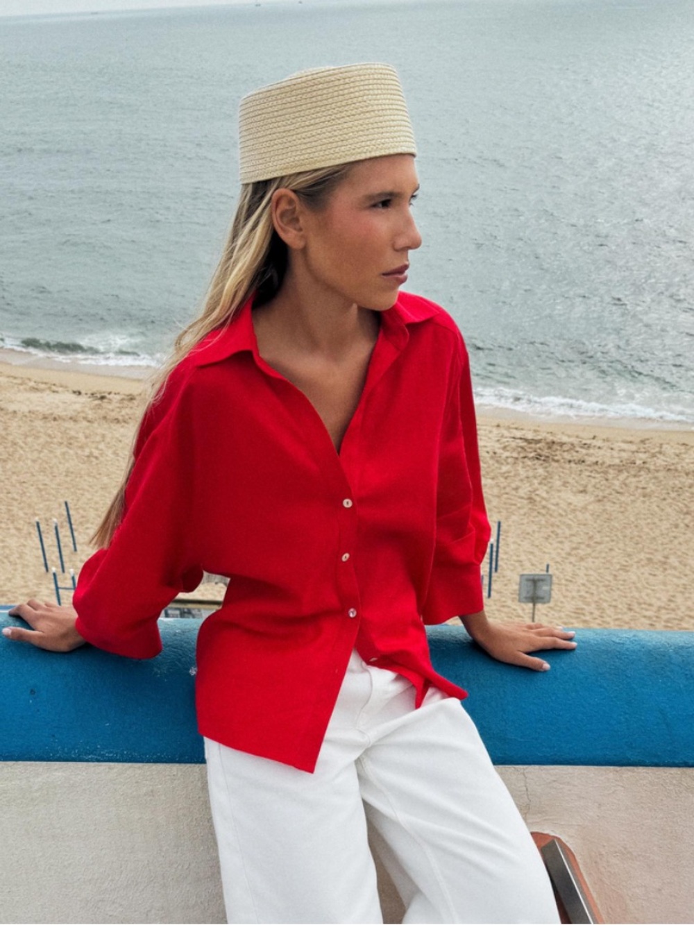 Zara NWT Linen blend puff sleeve blouse button down top red 8741/225 Large